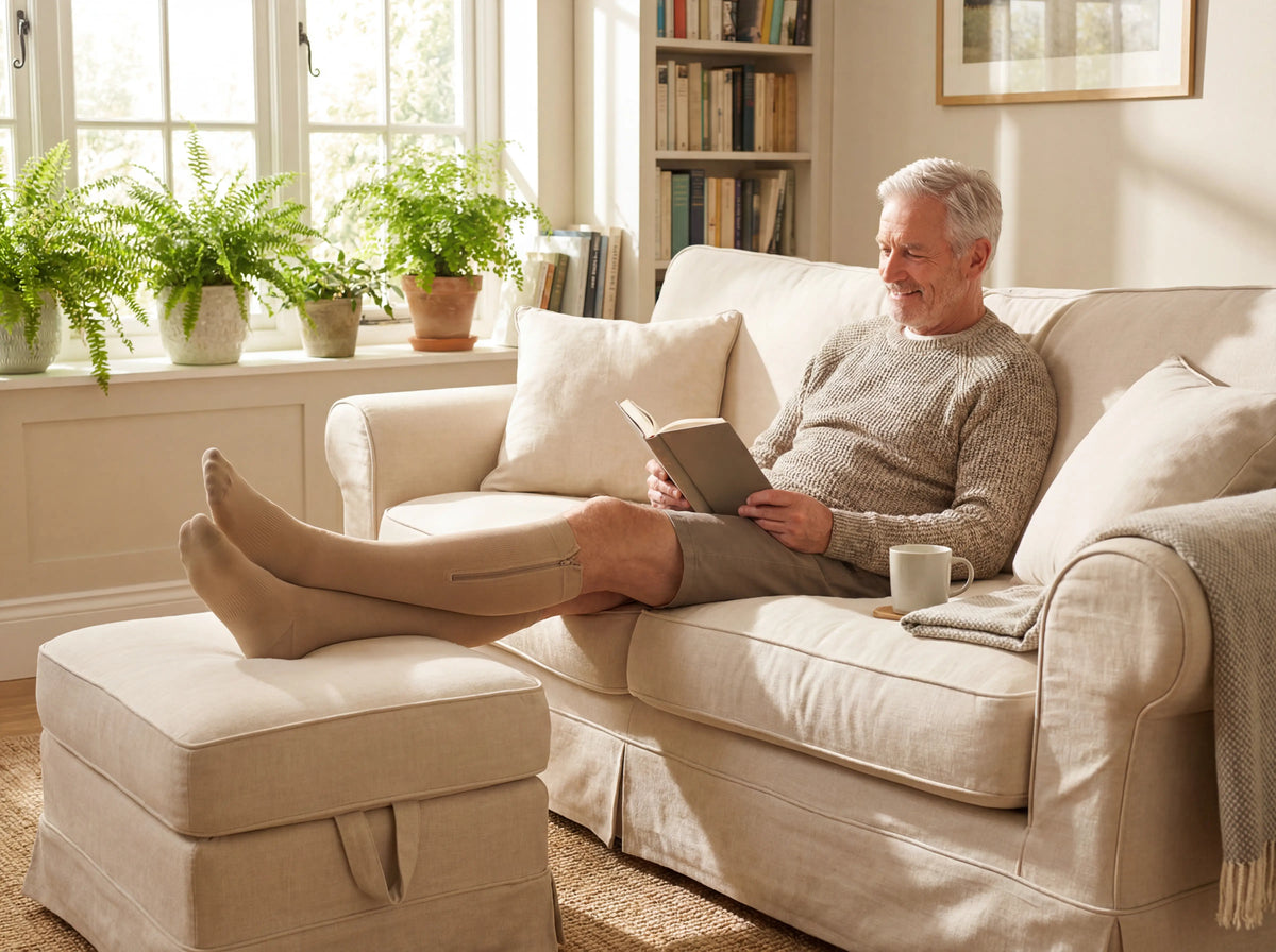 Customer wearing Zipleek socks comfortably at home