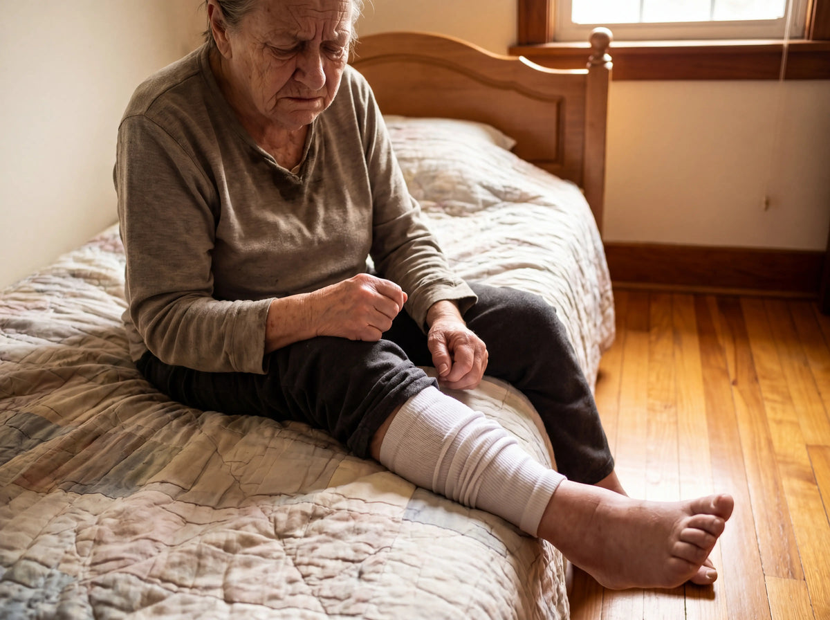 Person struggling to put on regular compression socks