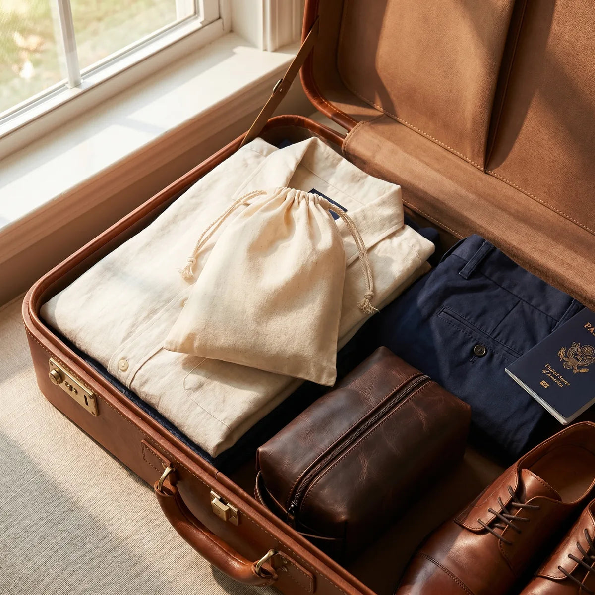 Zipleek Travel Pouch — packed inside a leather travel suitcase