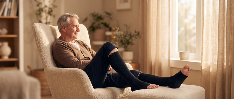 Senior man comfortably wearing Zipleek compression socks at home